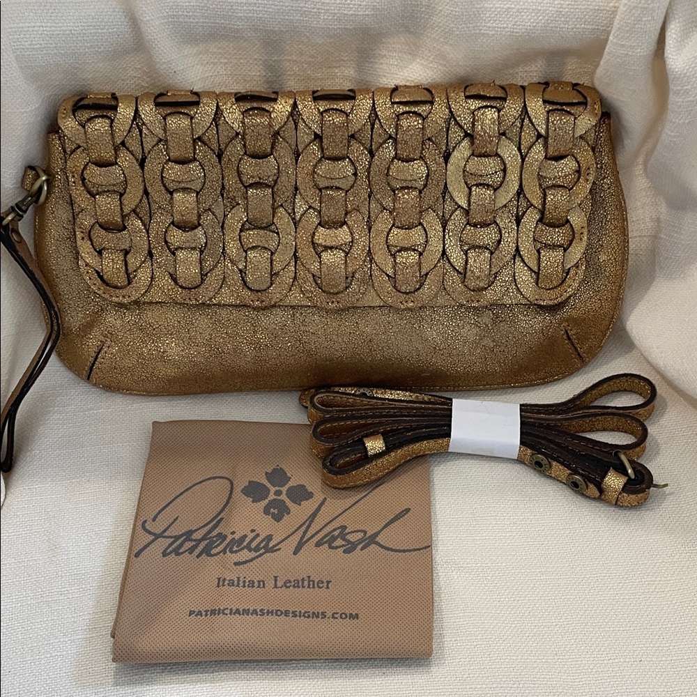 Patricia Nash Metallic Gold Woven Chain Leather Clutch with Strap